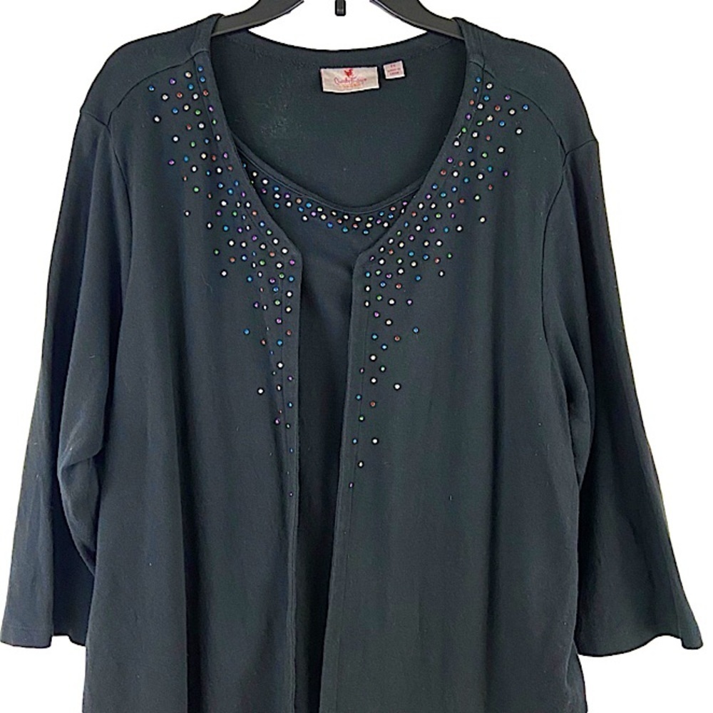 Quacker Factory Black Layered Look Top with Multicolored Rhinestones Size 2X